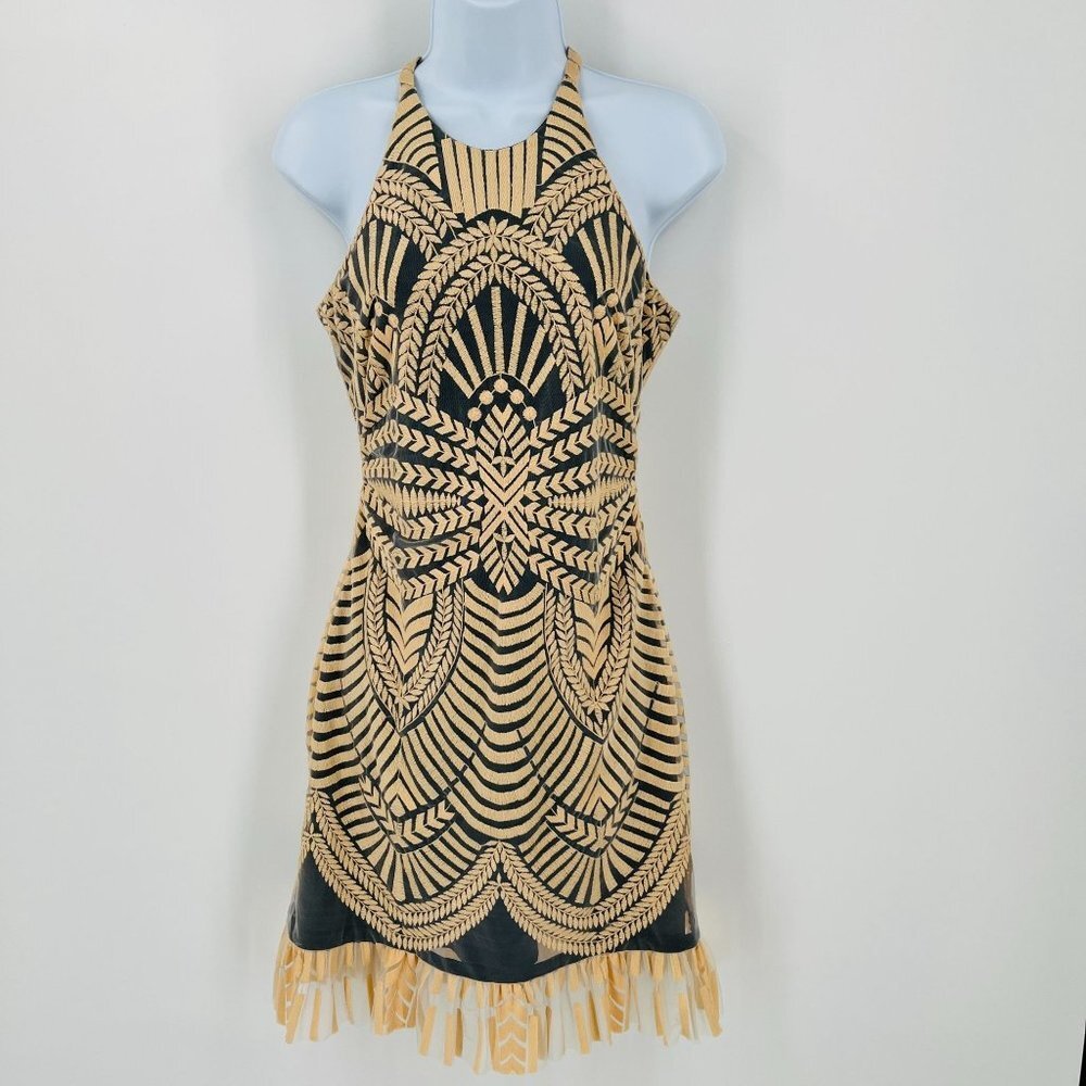 Sleeveless Black and Gold Patterned Halter Dress